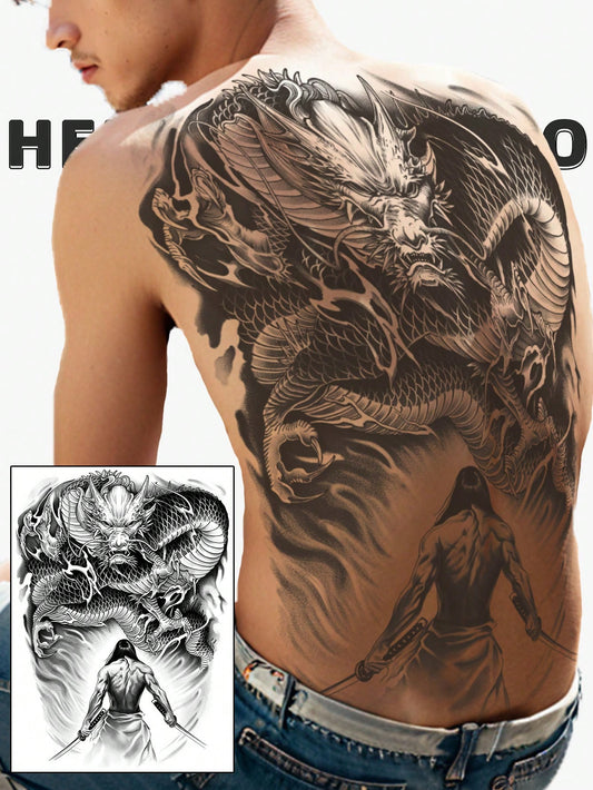 1Pc Dragon Warrior Backful Temporary Tattoo Waterproof Sweatproof Last for 1-2 Weeks Realistic Herbal Juice Non-Reflective Anti-Friction Faux Black Fake Tattoos for Man Tattoo Stickers for Back Modernist Body Art