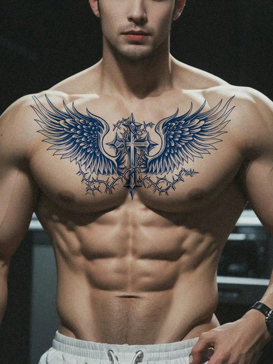 1Pc Waterproof Wing Temporary Tattoo Stickers, Semi-Permanent Floral Tattoo Sticker, Realistic Wing, Sword, Thorn Pattern Tattoos That Are Waterproof and Non-Reflective, Easy to Use, Suitable for Men'S Abdomen, Chest, Back, Lasts 7-14 Days, Perfect for Parties, Festivals
