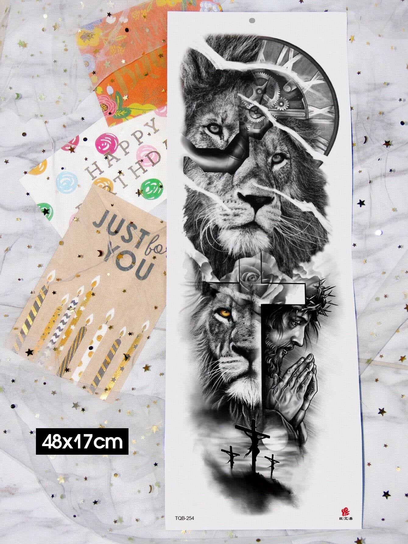 1 Sheets Extra Large Full Arm Size Body Art Temporary Tattoo Stickers for Men and Women, Black Realistic Lion Pattern, Waterproof Fake Sleeves Tattoos, Lasts 2-5 Days, Covering Scars, Can Be Used on Arms Wrist Shoulders Legs Waist Neck Hand Chest Thighs Finger, Best Friend Couple Party Tattoo