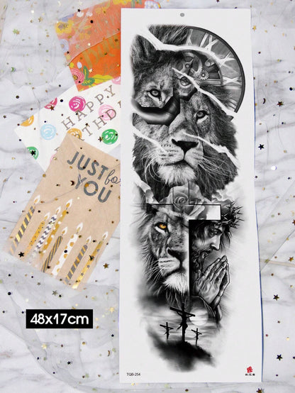 1 Sheets Extra Large Full Arm Size Body Art Temporary Tattoo Stickers for Men and Women, Black Realistic Lion Pattern, Waterproof Fake Sleeves Tattoos, Lasts 2-5 Days, Covering Scars, Can Be Used on Arms Wrist Shoulders Legs Waist Neck Hand Chest Thighs Finger, Best Friend Couple Party Tattoo