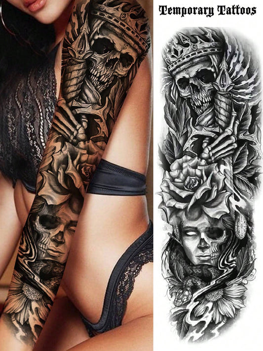 1 Sheet Full Arm Skull Halloween Skeleton Death Temporary Tattoos Sleeve for Women Adults Legs Thigh Shoulder, Realistic Waterproof Long Lasting Fake Sleeve Tattoos for Men Stickers