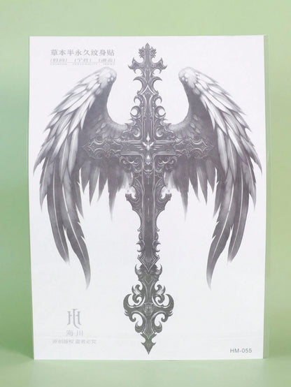 1Pc Cross Wings Backful Temporary Tattoo Semi Permanent Waterproof Sweatproof Last for 1-2 Weeks Realistic Herbal Juice Non-Reflective Anti-Friction Faux Black Fake Tattoos for Man Tattoo Stickers for Back Modernist Body Art