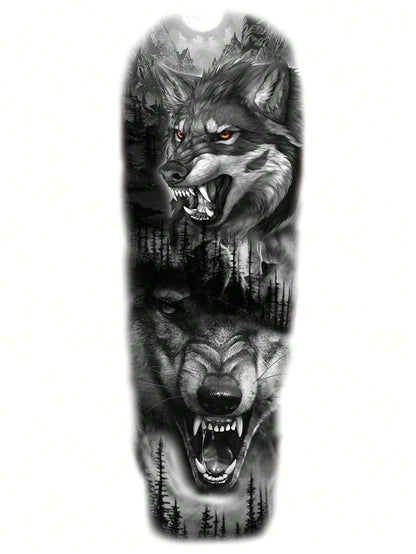 1 Sheet Full Arm Black Wolf Beast Temporary Tattoos Sleeve for Women Adults Legs Thigh Shoulder, Realistic Waterproof Long Lasting Fake Sleeve Tattoos for Men Stickers