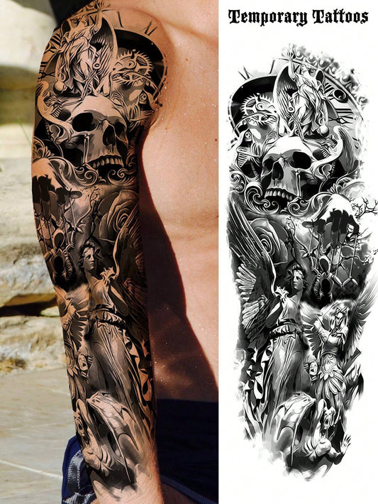 1 Sheet Full Arm Black Death Skull Halloween Temporary Tattoos Sleeve for Women Adults Legs Thigh Shoulder, Realistic Waterproof Long Lasting Fake Sleeve Tattoos for Men Stickers