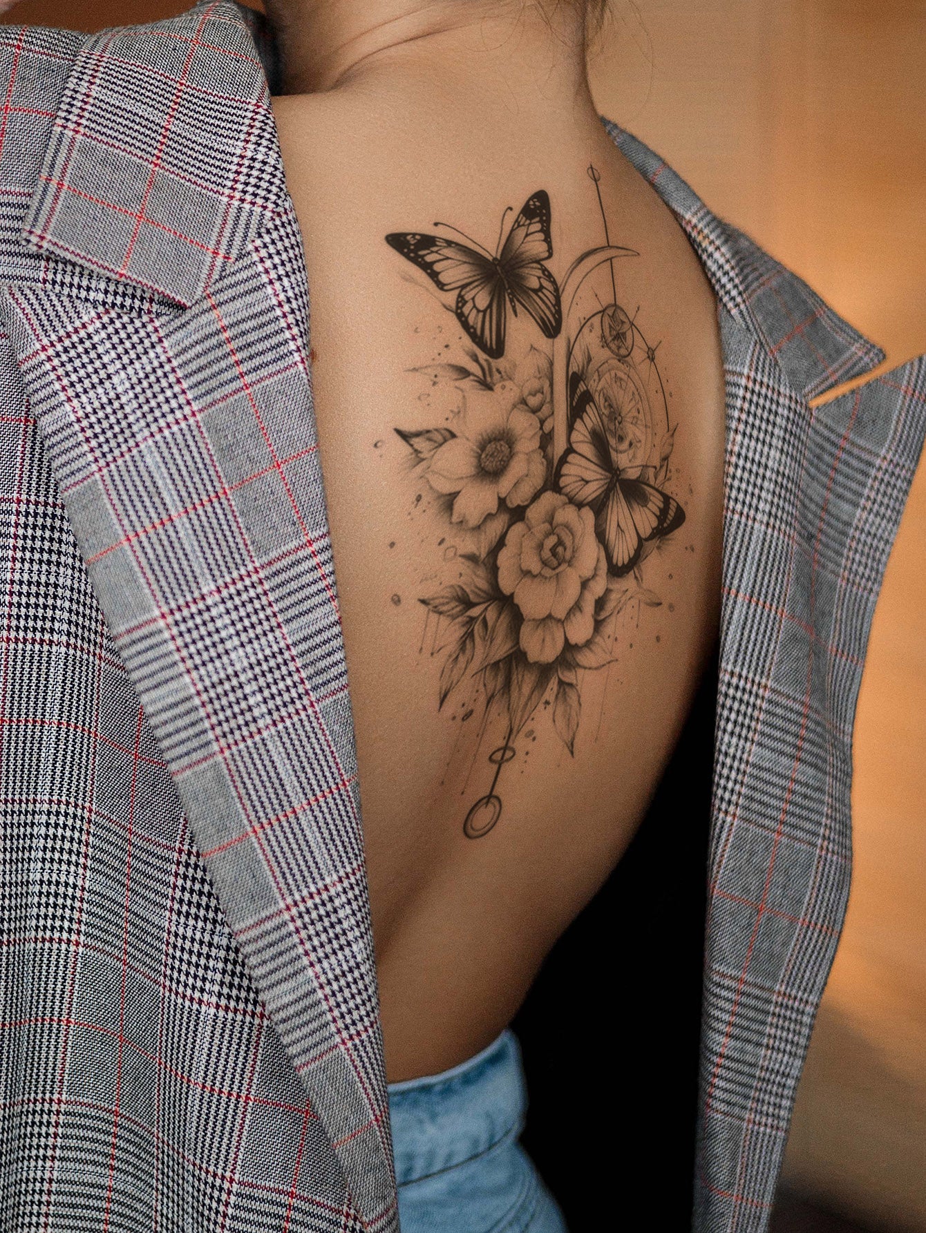 STARTTOOS 1Pc Black Flower & Butterfly Pattern Big Floral Arm/Chest/Back Temporary Tattoo Sticker