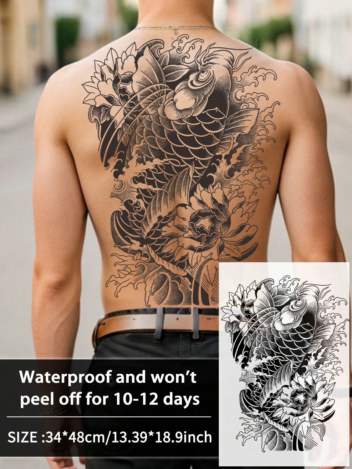 1Pc Koi Backful Temporary Tattoo Waterproof Sweatproof Last for 1-2 Weeks Realistic Herbal Juice Non-Reflective Anti-Friction Faux Black Fake Tattoos for Man Tattoo Stickers for Back Modernist Body Art