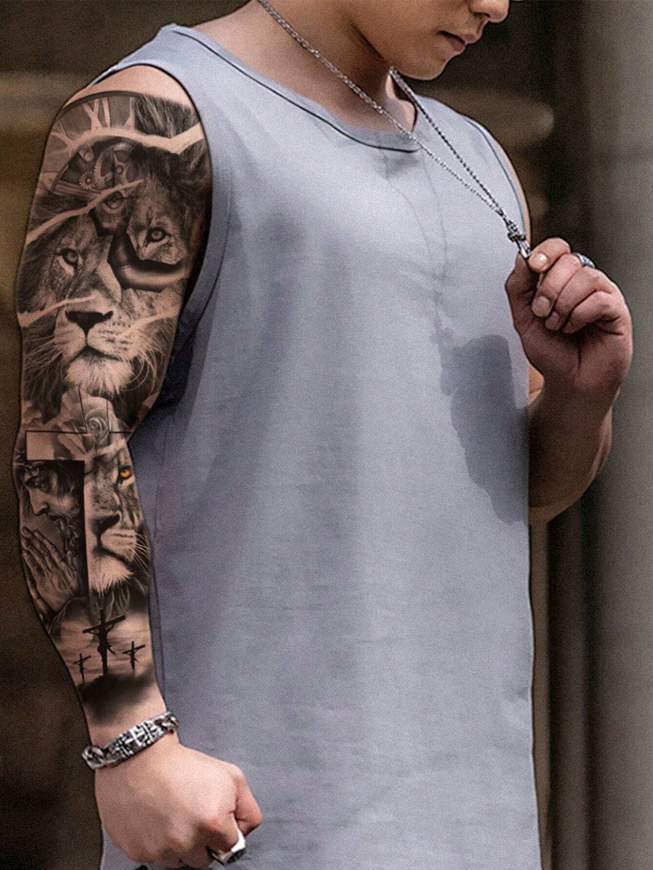 1 Sheets Extra Large Full Arm Size Body Art Temporary Tattoo Stickers for Men and Women, Black Realistic Lion Pattern, Waterproof Fake Sleeves Tattoos, Lasts 2-5 Days, Covering Scars, Can Be Used on Arms Wrist Shoulders Legs Waist Neck Hand Chest Thighs Finger, Best Friend Couple Party Tattoo