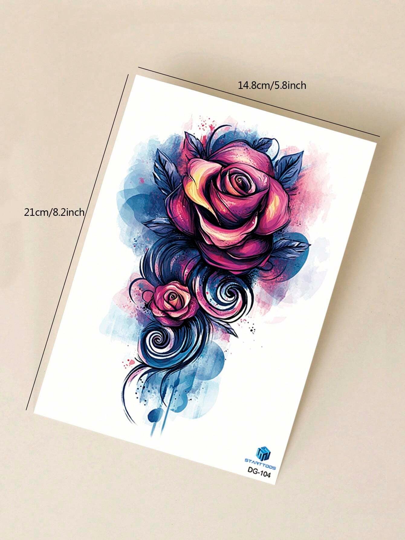 STARTTOOS 1Pc Colorful Rose Flower Large Temporary Tattoo Sticker, Waterproof Tattoo for Back Arm Thigh Body