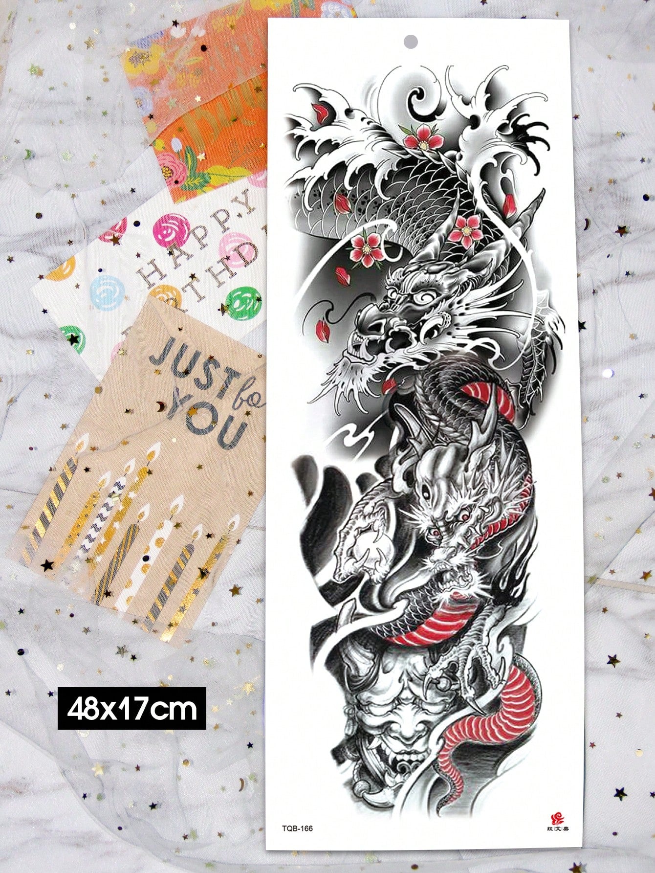 1 Sheets Extra Large Full Arm Size Body Art Temporary Tattoo Stickers for Men, Red Black Dragon Prajna Plum Blossom Pattern, Waterproof Fake Sleeves Tattoos, Lasts 2-5 Days, Covering Scars, Can Be Used on Arms Wrist Shoulders Legs Waist Neck Hand Chest Thighs Finger, Body Art Cosplay Party Gift