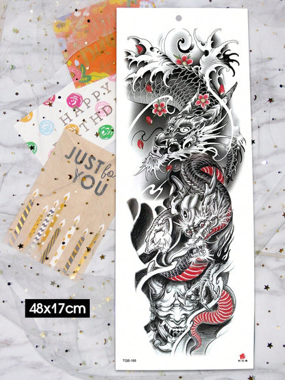 1 Sheets Extra Large Full Arm Size Body Art Temporary Tattoo Stickers for Men, Red Black Dragon Prajna Plum Blossom Pattern, Waterproof Fake Sleeves Tattoos, Lasts 2-5 Days, Covering Scars, Can Be Used on Arms Wrist Shoulders Legs Waist Neck Hand Chest Thighs Finger, Body Art Cosplay Party Gift