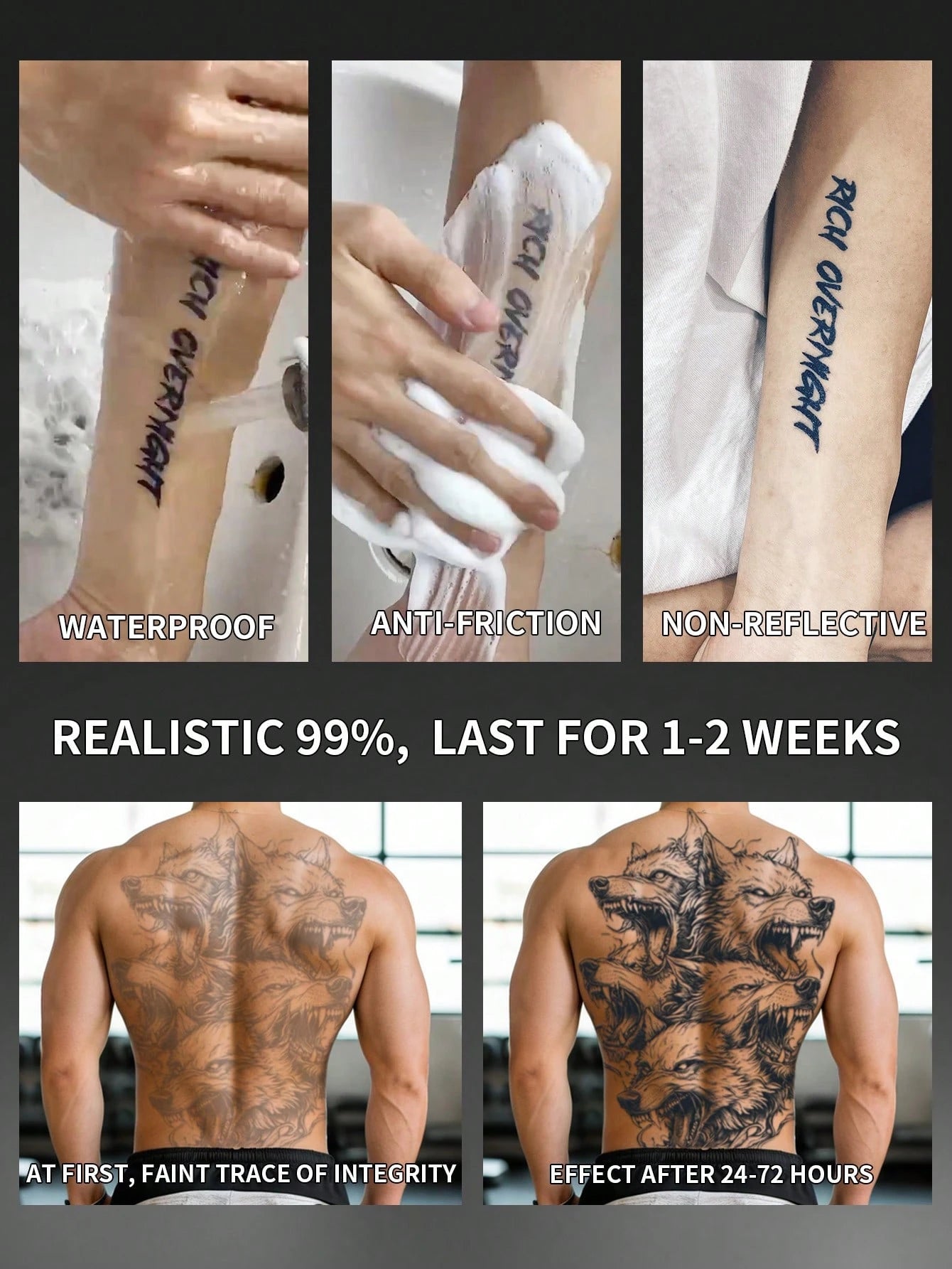 1Pc Hellwolf Backful Temporary Tattoo Semi Permanent Waterproof Sweatproof Last for 1-2 Weeks Realistic Herbal Juice Non-Reflective Anti-Friction Faux Black Fake Tattoos for Man Tattoo Stickers for Back Modernist Body Art