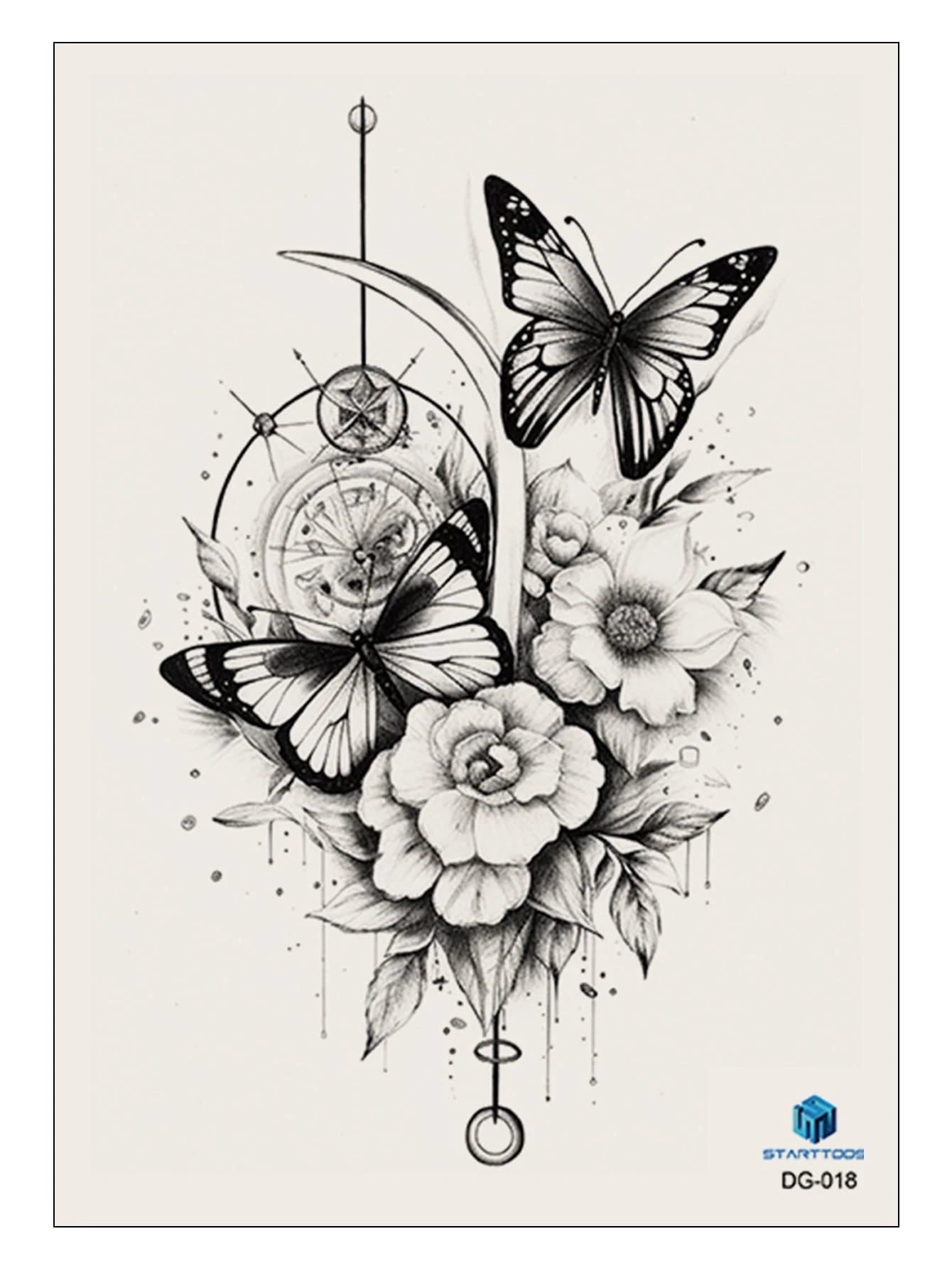 STARTTOOS 1Pc Black Flower & Butterfly Pattern Big Floral Arm/Chest/Back Temporary Tattoo Sticker