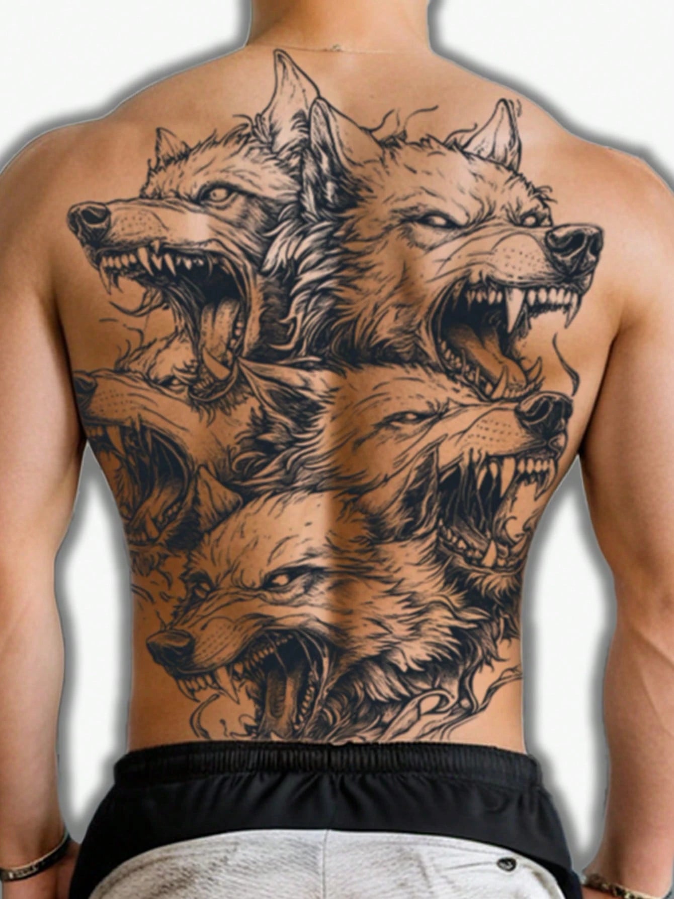 1Pc Hellwolf Backful Temporary Tattoo Semi Permanent Waterproof Sweatproof Last for 1-2 Weeks Realistic Herbal Juice Non-Reflective Anti-Friction Faux Black Fake Tattoos for Man Tattoo Stickers for Back Modernist Body Art