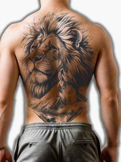 1Pc Lion Backful Temporary Tattoo Semi Permanent Waterproof Sweatproof Last for 1-2 Weeks Realistic Herbal Juice Non-Reflective Anti-Friction Faux Black Fake Tattoos for Man Tattoo Stickers for Back Modernist Body Art