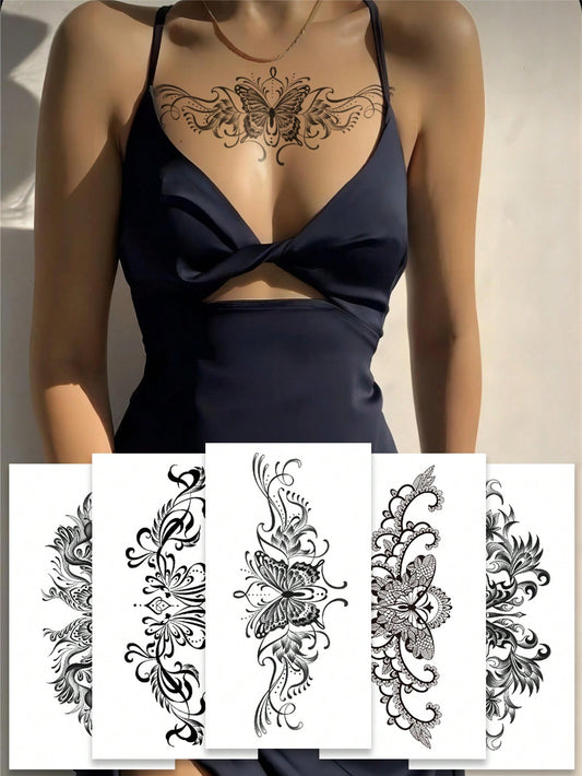 (Pack of 5 Pcs)Black Butterfly Corsage Tattoo Sticker, Fake Tattoo with Black Butterfly, Floral, Lace Pattern Design, Waterproof and Sweatproof Easy to Use, Suitable for Front Chest, Abdomen, Back and Other Parts, Suitable for Women to Party Parties and Daily Matching Temporary Tattoos