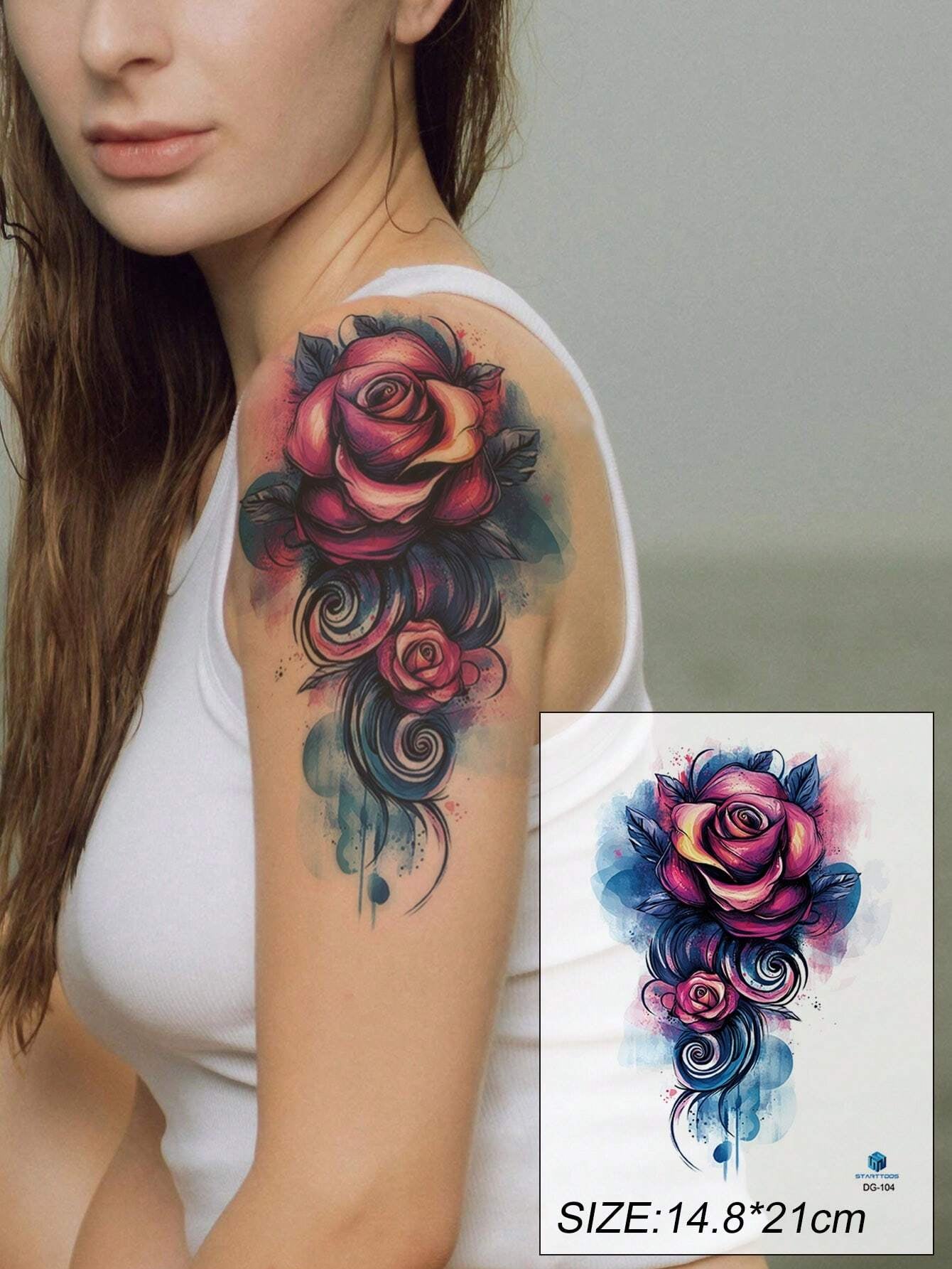 STARTTOOS 1Pc Colorful Rose Flower Large Temporary Tattoo Sticker, Waterproof Tattoo for Back Arm Thigh Body