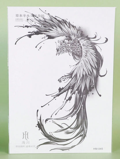 1Pc Phenix Backful Temporary Tattoo Waterproof Sweatproof Last for 1-2 Weeks Realistic Herbal Juice Non-Reflective Anti-Friction Faux Black Fake Tattoos for Man Tattoo Stickers for Back Modernist Body Art