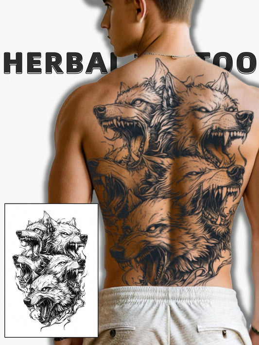 1Pc Hellwolf Backful Temporary Tattoo Semi Permanent Waterproof Sweatproof Last for 1-2 Weeks Realistic Herbal Juice Non-Reflective Anti-Friction Faux Black Fake Tattoos for Man Tattoo Stickers for Back Modernist Body Art