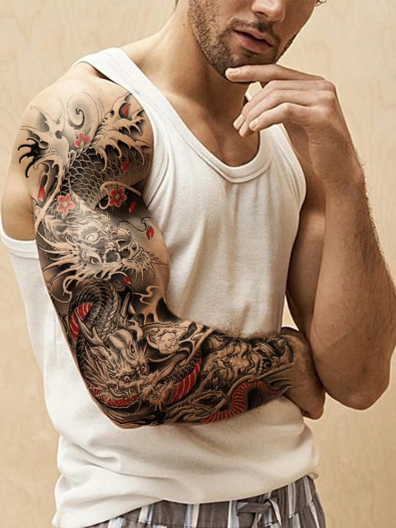 1 Sheets Extra Large Full Arm Size Body Art Temporary Tattoo Stickers for Men, Red Black Dragon Prajna Plum Blossom Pattern, Waterproof Fake Sleeves Tattoos, Lasts 2-5 Days, Covering Scars, Can Be Used on Arms Wrist Shoulders Legs Waist Neck Hand Chest Thighs Finger, Body Art Cosplay Party Gift