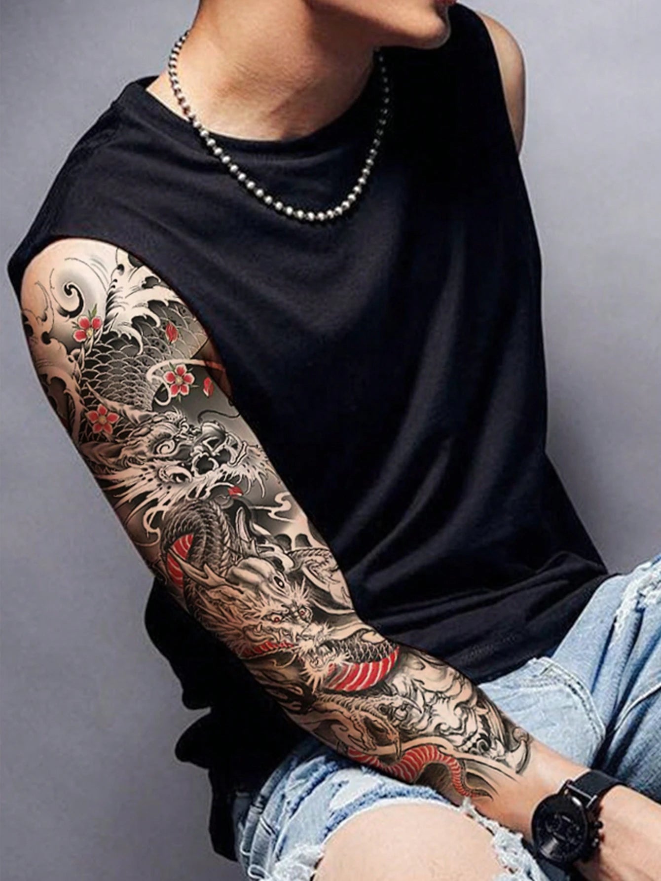 1 Sheets Extra Large Full Arm Size Body Art Temporary Tattoo Stickers for Men, Red Black Dragon Prajna Plum Blossom Pattern, Waterproof Fake Sleeves Tattoos, Lasts 2-5 Days, Covering Scars, Can Be Used on Arms Wrist Shoulders Legs Waist Neck Hand Chest Thighs Finger, Body Art Cosplay Party Gift