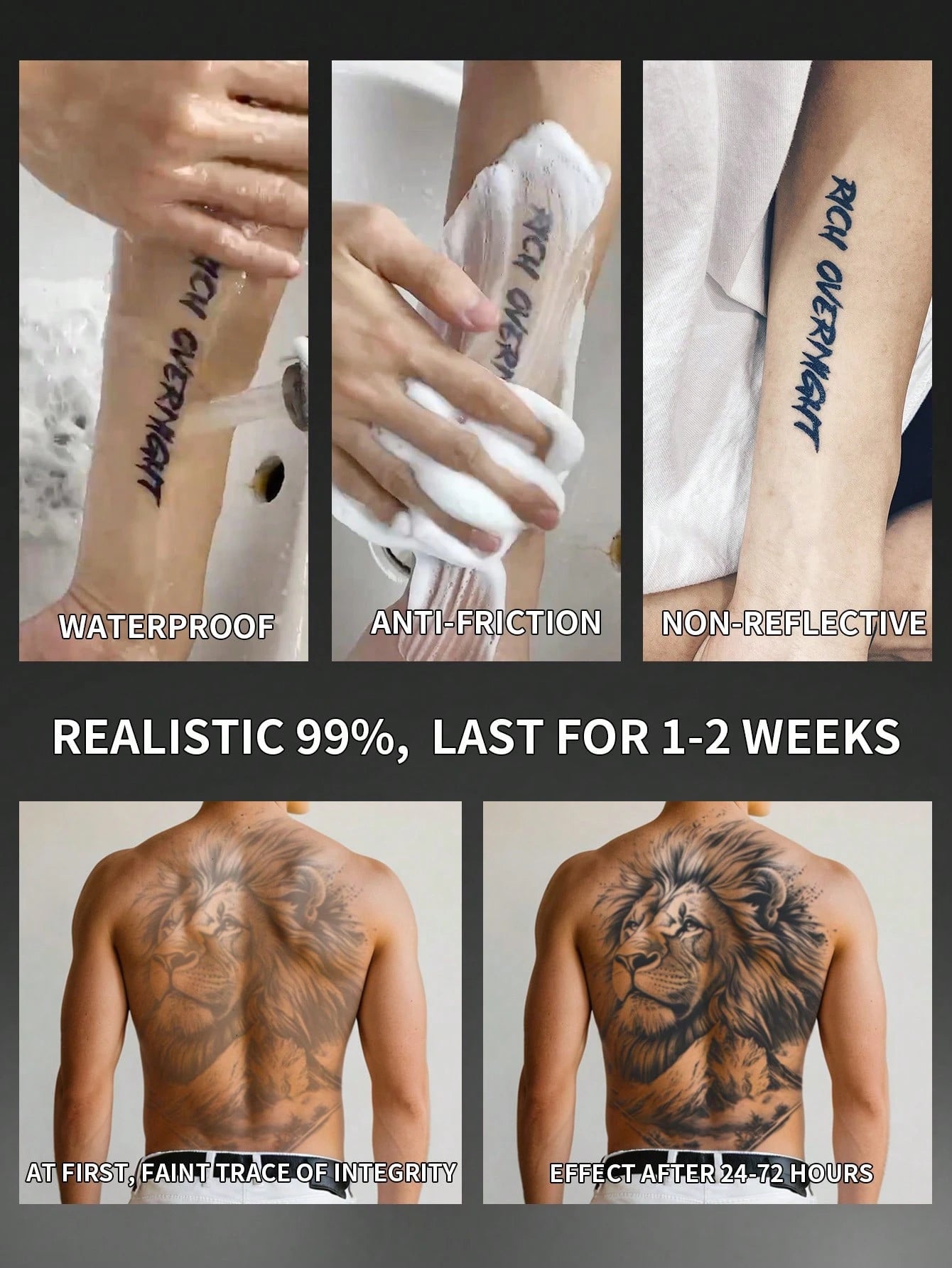 1Pc Lion Backful Temporary Tattoo Semi Permanent Waterproof Sweatproof Last for 1-2 Weeks Realistic Herbal Juice Non-Reflective Anti-Friction Faux Black Fake Tattoos for Man Tattoo Stickers for Back Modernist Body Art