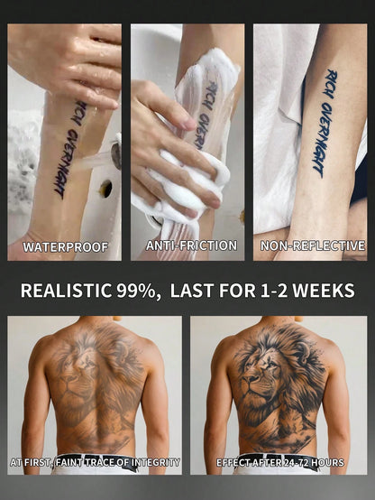 1Pc Lion Backful Temporary Tattoo Semi Permanent Waterproof Sweatproof Last for 1-2 Weeks Realistic Herbal Juice Non-Reflective Anti-Friction Faux Black Fake Tattoos for Man Tattoo Stickers for Back Modernist Body Art