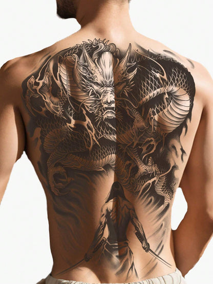 1Pc Dragon Warrior Backful Temporary Tattoo Waterproof Sweatproof Last for 1-2 Weeks Realistic Herbal Juice Non-Reflective Anti-Friction Faux Black Fake Tattoos for Man Tattoo Stickers for Back Modernist Body Art