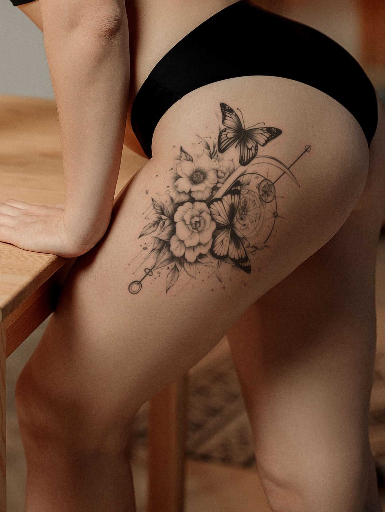 STARTTOOS 1Pc Black Flower & Butterfly Pattern Big Floral Arm/Chest/Back Temporary Tattoo Sticker