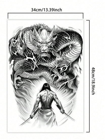 1Pc Dragon Warrior Backful Temporary Tattoo Waterproof Sweatproof Last for 1-2 Weeks Realistic Herbal Juice Non-Reflective Anti-Friction Faux Black Fake Tattoos for Man Tattoo Stickers for Back Modernist Body Art
