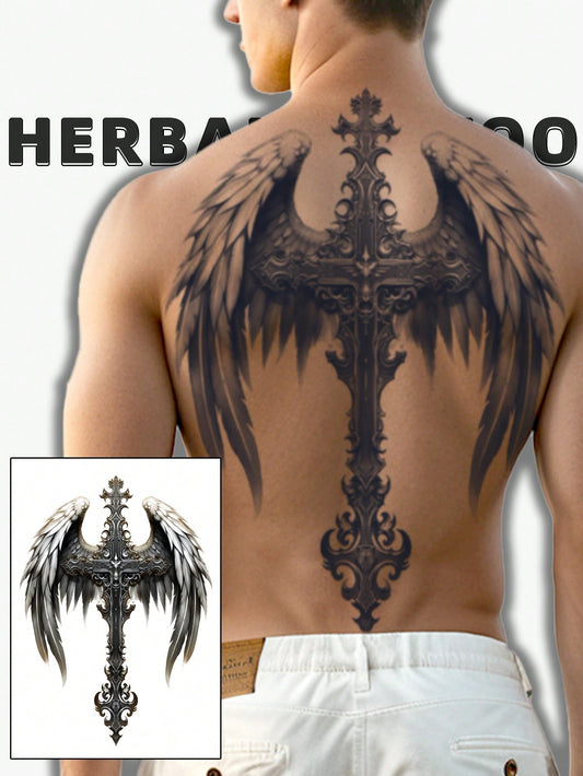 1Pc Cross Wings Backful Temporary Tattoo Semi Permanent Waterproof Sweatproof Last for 1-2 Weeks Realistic Herbal Juice Non-Reflective Anti-Friction Faux Black Fake Tattoos for Man Tattoo Stickers for Back Modernist Body Art