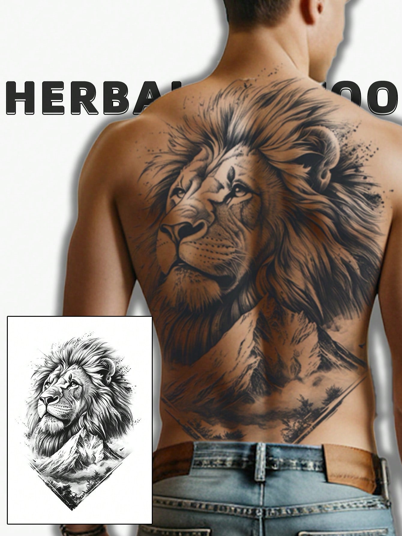 1Pc Lion Backful Temporary Tattoo Semi Permanent Waterproof Sweatproof Last for 1-2 Weeks Realistic Herbal Juice Non-Reflective Anti-Friction Faux Black Fake Tattoos for Man Tattoo Stickers for Back Modernist Body Art