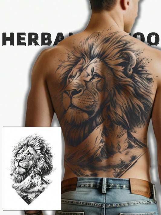 1Pc Lion Backful Temporary Tattoo Semi Permanent Waterproof Sweatproof Last for 1-2 Weeks Realistic Herbal Juice Non-Reflective Anti-Friction Faux Black Fake Tattoos for Man Tattoo Stickers for Back Modernist Body Art