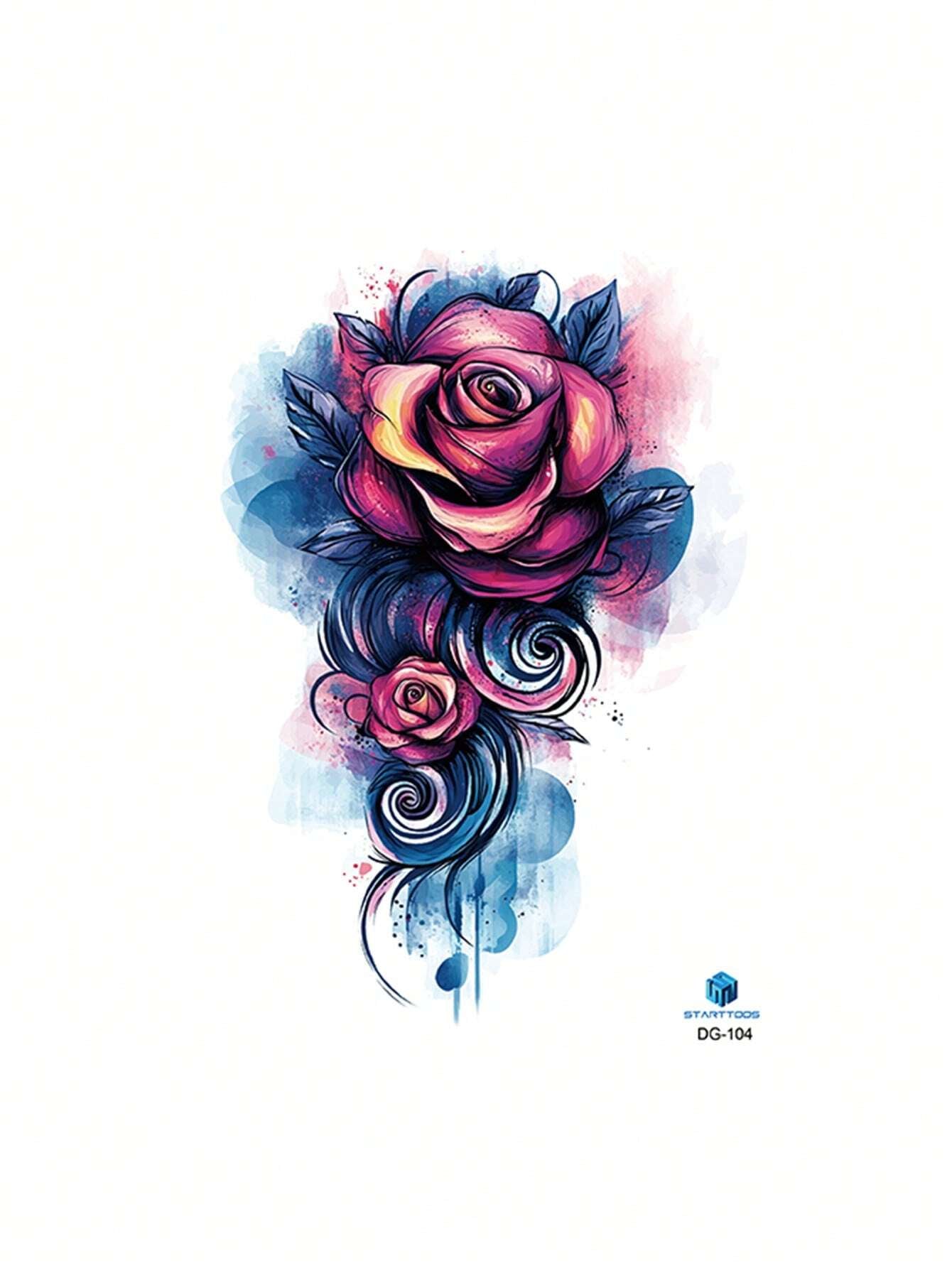 STARTTOOS 1Pc Colorful Rose Flower Large Temporary Tattoo Sticker, Waterproof Tattoo for Back Arm Thigh Body