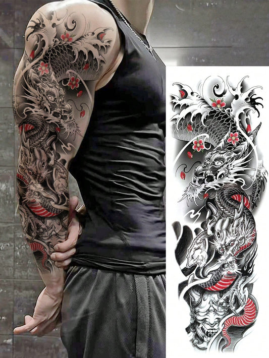 1 Sheets Extra Large Full Arm Size Body Art Temporary Tattoo Stickers for Men, Red Black Dragon Prajna Plum Blossom Pattern, Waterproof Fake Sleeves Tattoos, Lasts 2-5 Days, Covering Scars, Can Be Used on Arms Wrist Shoulders Legs Waist Neck Hand Chest Thighs Finger, Body Art Cosplay Party Gift