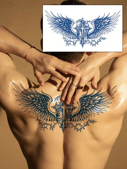 1Pc Waterproof Wing Temporary Tattoo Stickers, Semi-Permanent Floral Tattoo Sticker, Realistic Wing, Sword, Thorn Pattern Tattoos That Are Waterproof and Non-Reflective, Easy to Use, Suitable for Men'S Abdomen, Chest, Back, Lasts 7-14 Days, Perfect for Parties, Festivals