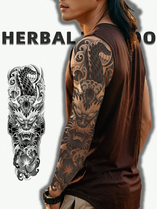 1Pc Chinese Dragon Whole Arm Temporary Tattoos Waterproof Sweatproof Last for 1-2 Weeks Realistic Herbal Juice Non-Reflective Anti-Friction Faux Black Fake Tattoos for Men and Woman Tattoo Stickers for Arm Modernist Body Art