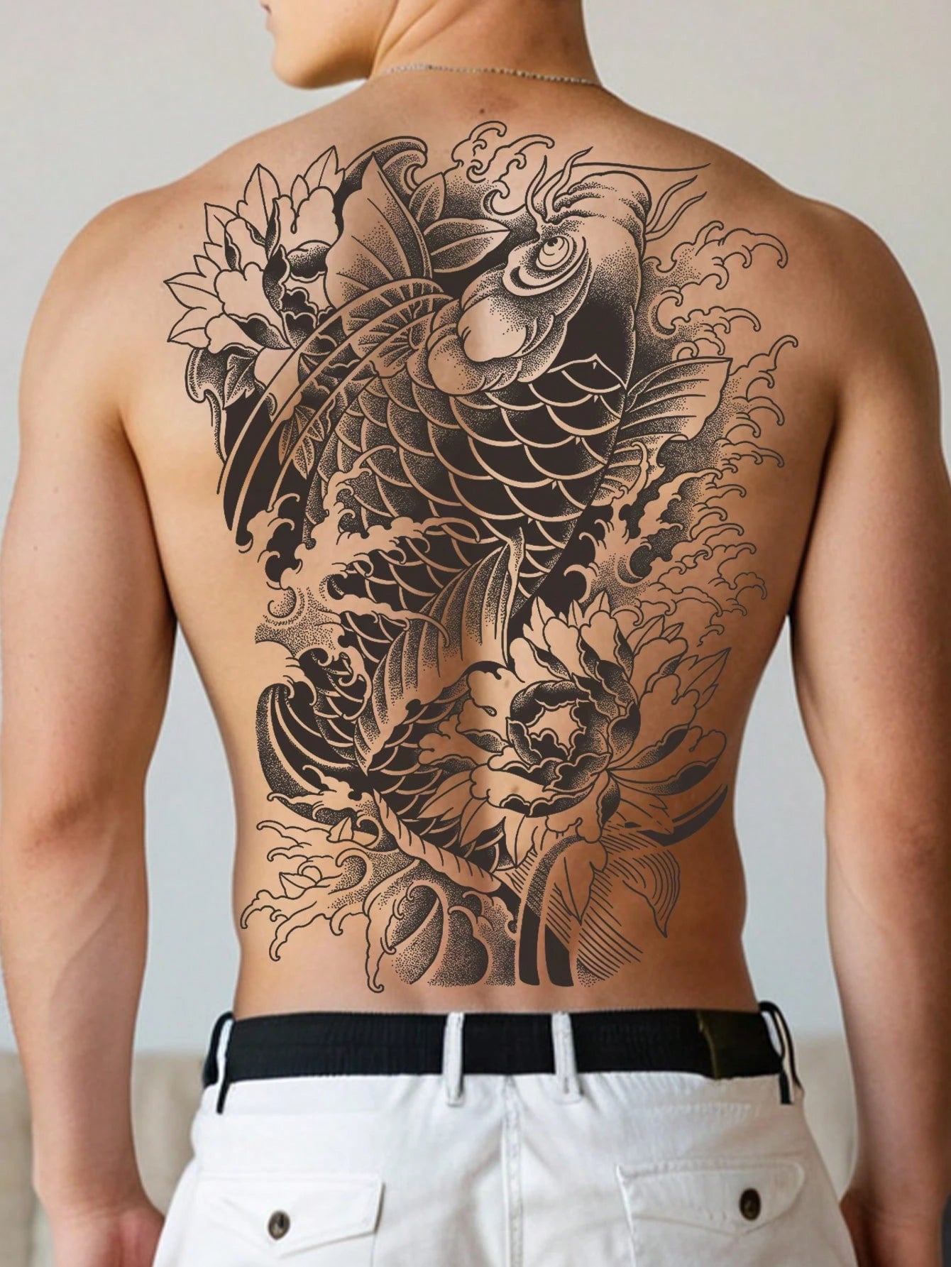 1Pc Koi Backful Temporary Tattoo Waterproof Sweatproof Last for 1-2 Weeks Realistic Herbal Juice Non-Reflective Anti-Friction Faux Black Fake Tattoos for Man Tattoo Stickers for Back Modernist Body Art