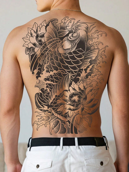 1Pc Koi Backful Temporary Tattoo Waterproof Sweatproof Last for 1-2 Weeks Realistic Herbal Juice Non-Reflective Anti-Friction Faux Black Fake Tattoos for Man Tattoo Stickers for Back Modernist Body Art