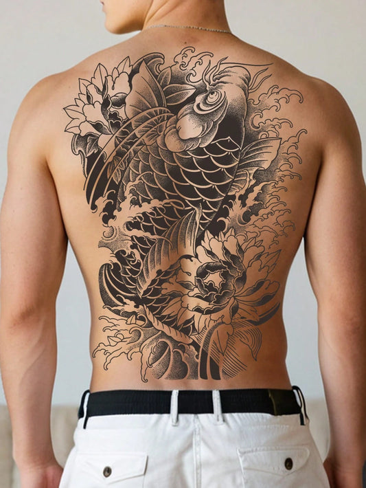 1Pc Koi Backful Temporary Tattoo Waterproof Sweatproof Last for 1-2 Weeks Realistic Herbal Juice Non-Reflective Anti-Friction Faux Black Fake Tattoos for Man Tattoo Stickers for Back Modernist Body Art