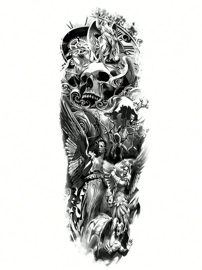 1 Sheet Full Arm Black Death Skull Halloween Temporary Tattoos Sleeve for Women Adults Legs Thigh Shoulder, Realistic Waterproof Long Lasting Fake Sleeve Tattoos for Men Stickers