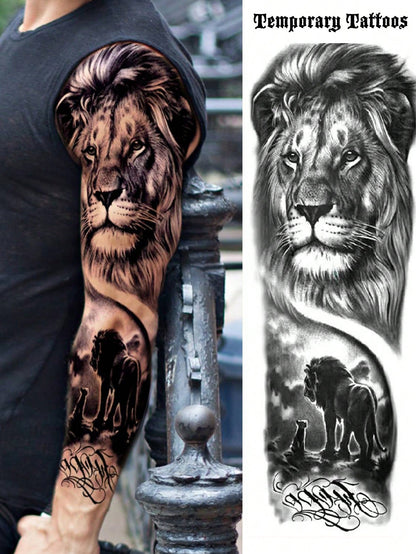1 Sheet Full Arm Lion Family Temporary Tattoos Sleeve for Women Adults Legs Thigh Shoulder, Realistic Waterproof Long Lasting Fake Sleeve Tattoos for Men Stickers