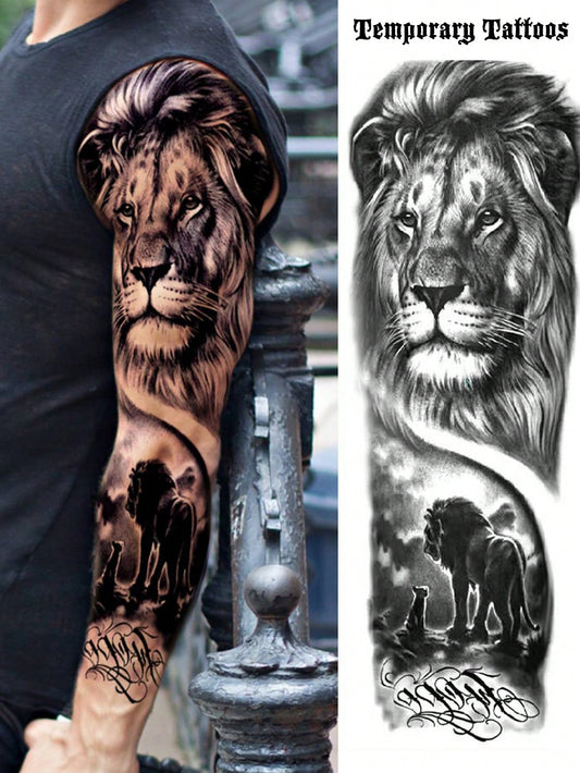 1 Sheet Full Arm Lion Family Temporary Tattoos Sleeve for Women Adults Legs Thigh Shoulder, Realistic Waterproof Long Lasting Fake Sleeve Tattoos for Men Stickers