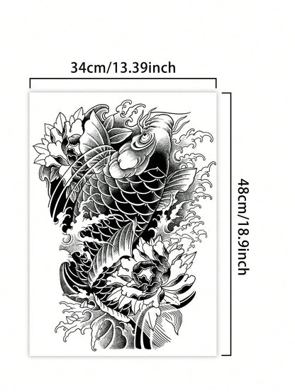 1Pc Koi Backful Temporary Tattoo Waterproof Sweatproof Last for 1-2 Weeks Realistic Herbal Juice Non-Reflective Anti-Friction Faux Black Fake Tattoos for Man Tattoo Stickers for Back Modernist Body Art