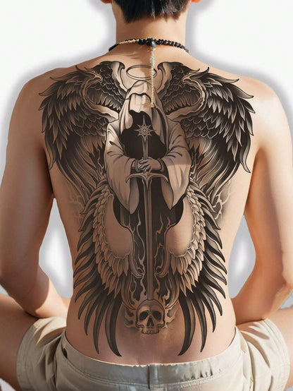 1Pc Archangel Backful Temporary Tattoo Waterproof Sweatproof Last for 1-2 Weeks Realistic Herbal Juice Non-Reflective Anti-Friction Faux Black Fake Tattoos for Man Tattoo Stickers for Back Modernist Body Art