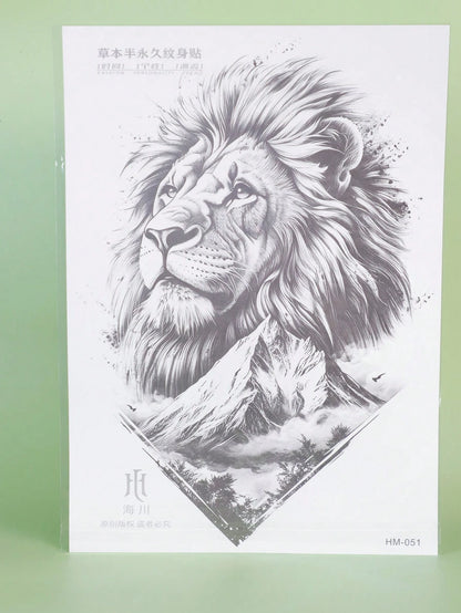 1Pc Lion Backful Temporary Tattoo Semi Permanent Waterproof Sweatproof Last for 1-2 Weeks Realistic Herbal Juice Non-Reflective Anti-Friction Faux Black Fake Tattoos for Man Tattoo Stickers for Back Modernist Body Art