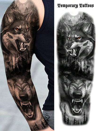 1 Sheet Full Arm Black Wolf Beast Temporary Tattoos Sleeve for Women Adults Legs Thigh Shoulder, Realistic Waterproof Long Lasting Fake Sleeve Tattoos for Men Stickers