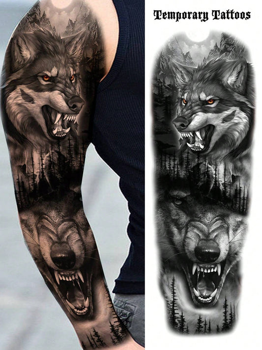 1 Sheet Full Arm Black Wolf Beast Temporary Tattoos Sleeve for Women Adults Legs Thigh Shoulder, Realistic Waterproof Long Lasting Fake Sleeve Tattoos for Men Stickers