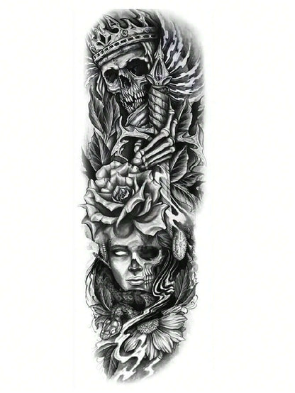 1 Sheet Full Arm Skull Halloween Skeleton Death Temporary Tattoos Sleeve for Women Adults Legs Thigh Shoulder, Realistic Waterproof Long Lasting Fake Sleeve Tattoos for Men Stickers