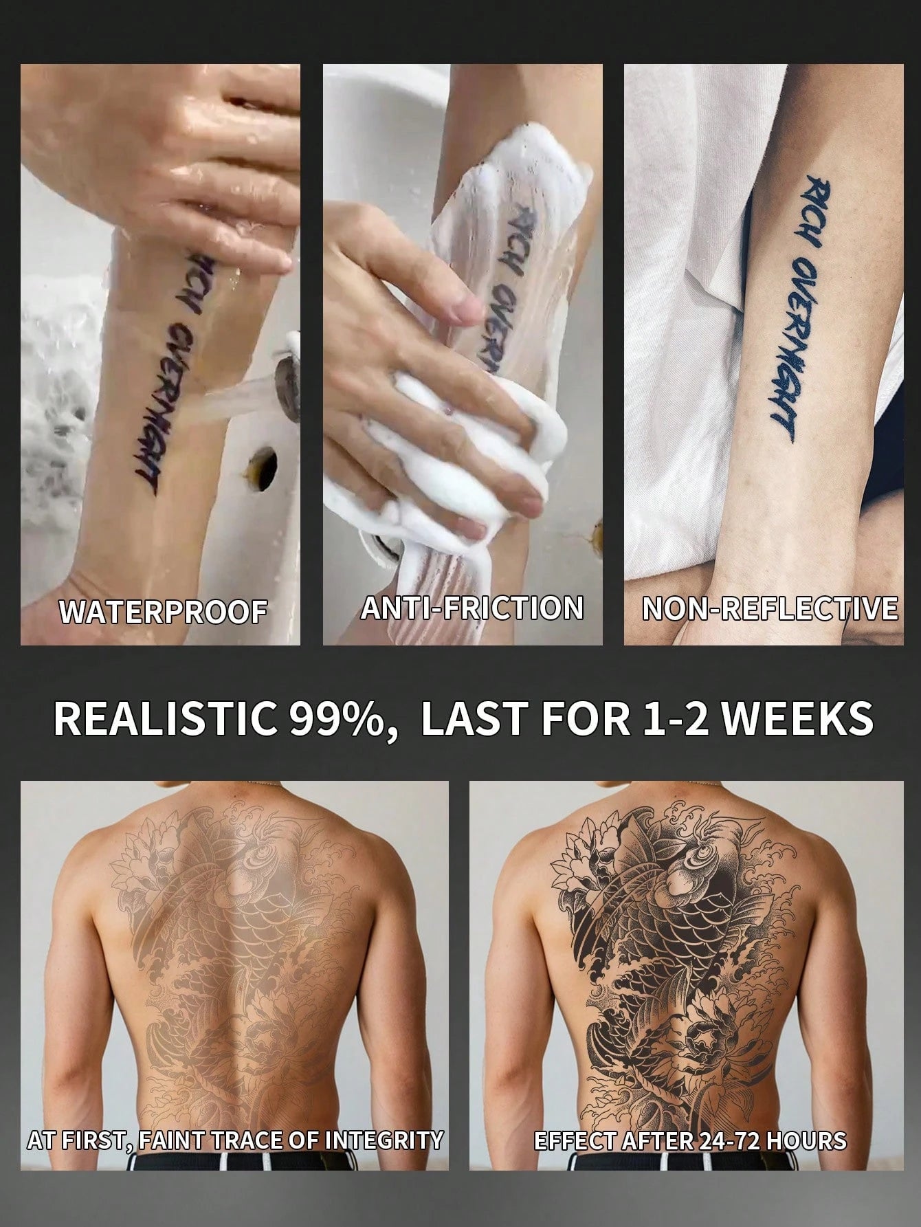 1Pc Koi Backful Temporary Tattoo Waterproof Sweatproof Last for 1-2 Weeks Realistic Herbal Juice Non-Reflective Anti-Friction Faux Black Fake Tattoos for Man Tattoo Stickers for Back Modernist Body Art