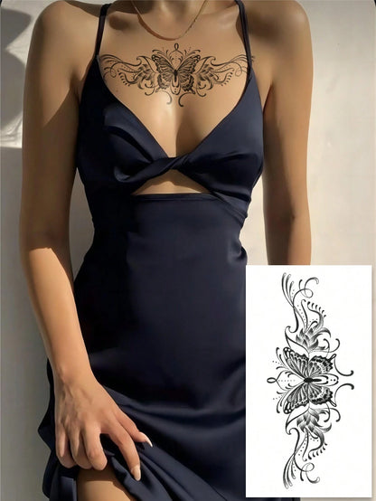 (Pack of 5 Pcs)Black Butterfly Corsage Tattoo Sticker, Fake Tattoo with Black Butterfly, Floral, Lace Pattern Design, Waterproof and Sweatproof Easy to Use, Suitable for Front Chest, Abdomen, Back and Other Parts, Suitable for Women to Party Parties and Daily Matching Temporary Tattoos